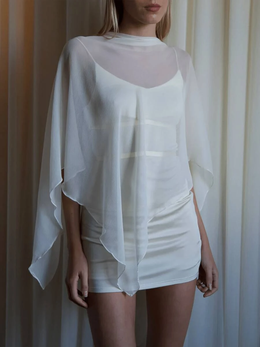 Women's Loose Sheer Tops Solid Color Bat Sleeve Off One Shoulder T-Shirt Chiffon Shirts For Summer - White - View 1