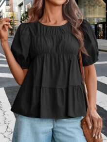 Women's Puff Sleeve Peplum Babydoll Tops, Summer Smocked Pleated Cotton T-Shirts Casual Loose Fit Flowy Blouses Cute Fashion Lightweight Tops For Daily Vacation Going Out Streetwear - 黑色 - 查看 3