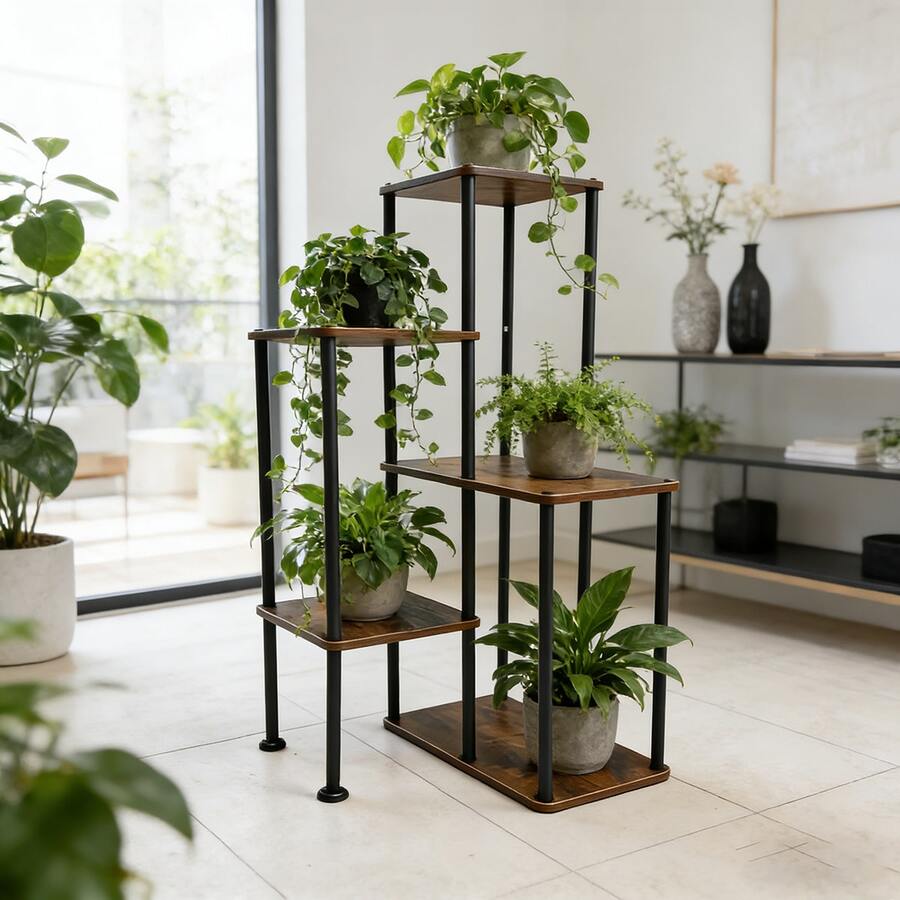 多层多功能植物架，现代简约设计，室内/室外铁艺植物架，稳固耐用，适用于客厅和阳台 - BJ-5 - 查看 1
