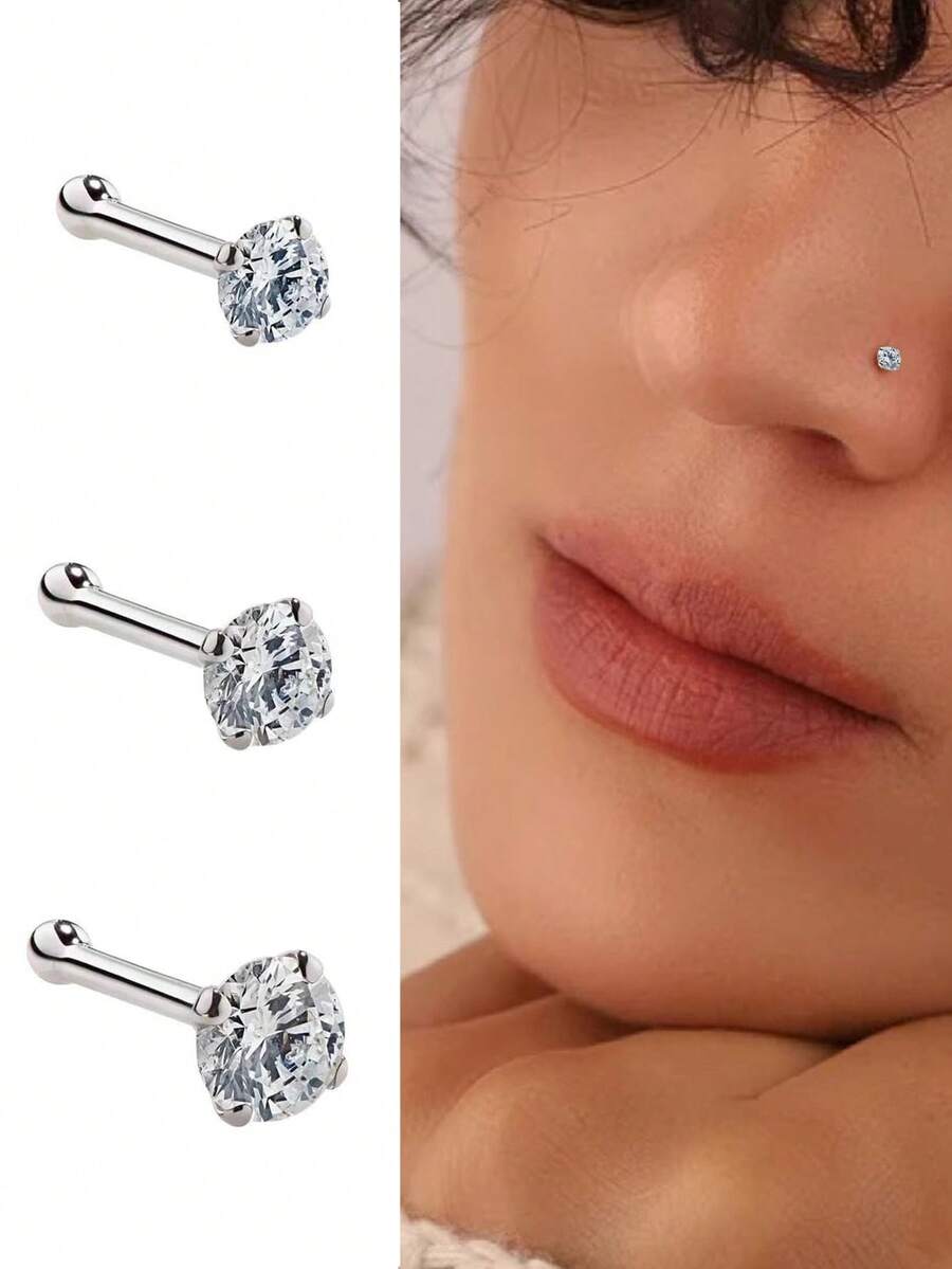 3件套 S925 纯银四爪锆石唇钉鼻环个性化耳环穿刺饰品 1.5mm 2mm 3mm - 銀色 - 查看 1