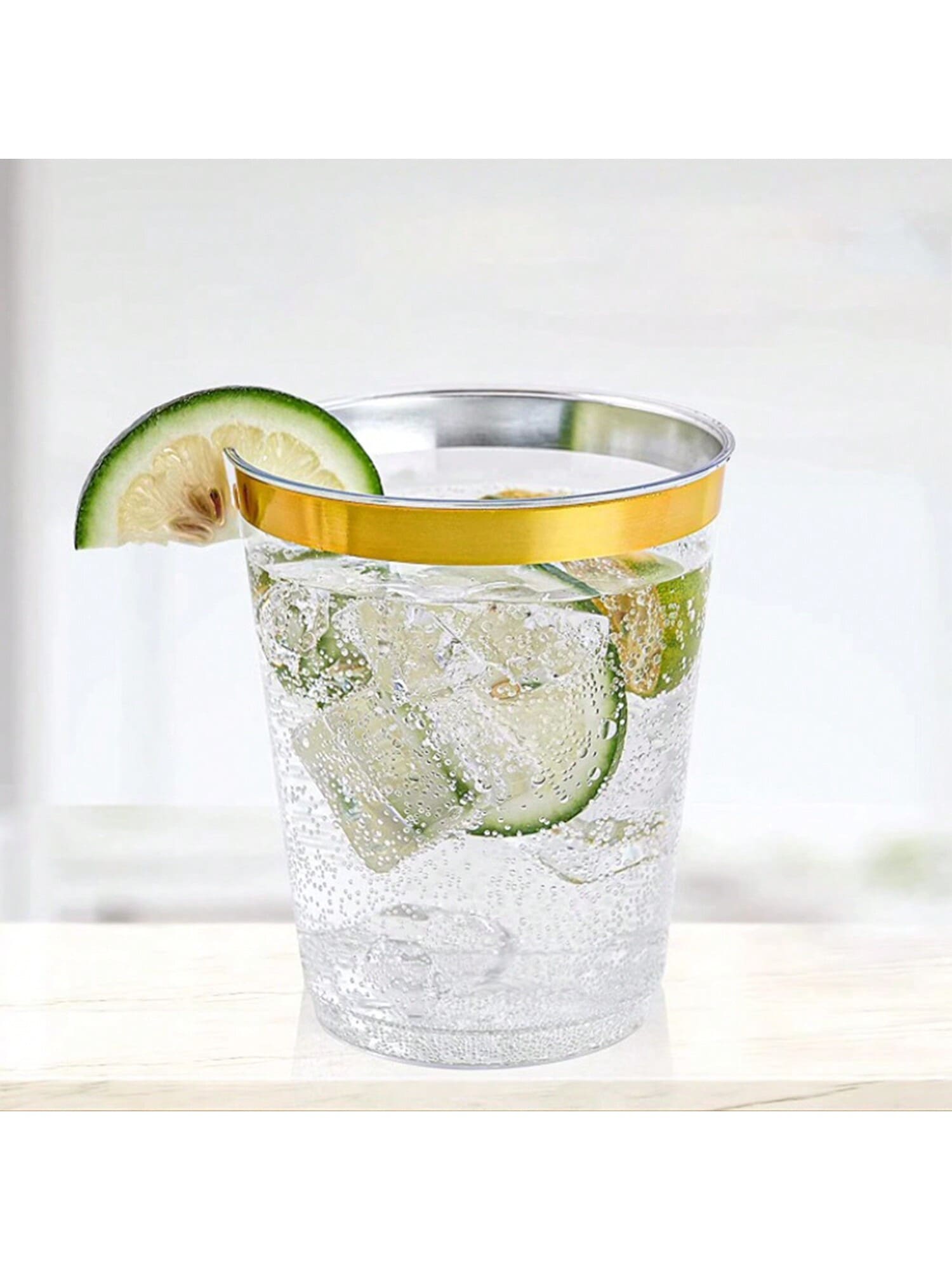 10pcs Transparent Gold Cups, 7oz (Approx. 200ml) Crystal Clear Cups, Reusable, Suitable For Cocktails, Champagne, Beer, Martini, Desserts, Perfect For Parties And Weddings - Gold - View 1
