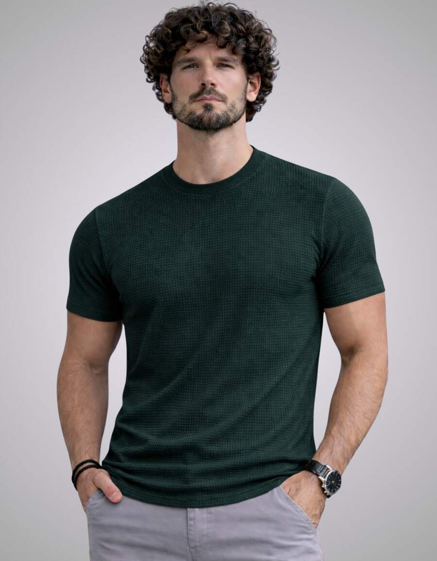 Premium Textured T-Shirt, Men's Casual Textured Knit Shirt - 綠色 - 查看 1