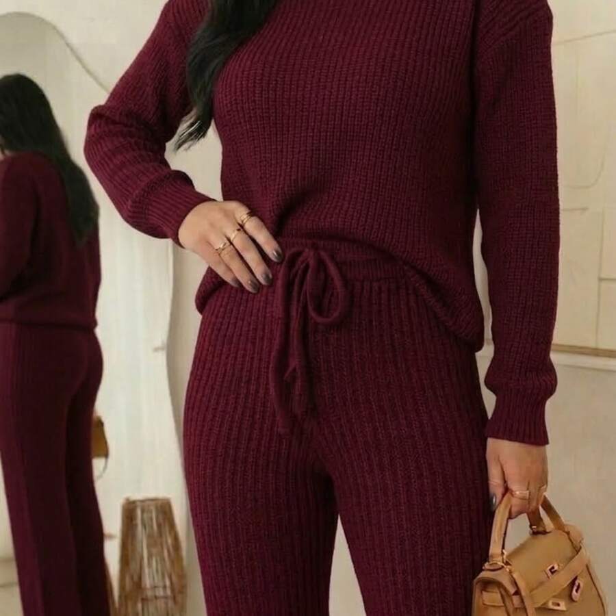 Women's Knit Set - Mousse Aerolook - Ribbed Knit Pants And Blouse - Winter 2025 - Burgundy - View 1