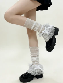 1 Pair White/Black Lace Trim Bow Lolita Style Sweet Ruffle Leg Warmers - Multicolor - View 4