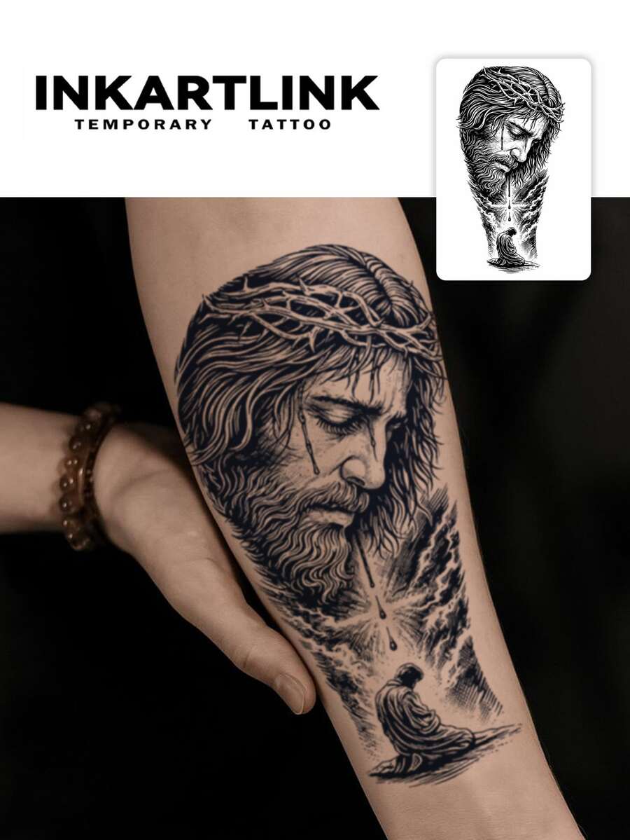 2pcs INKARTLINK Jesus Tears Sacred Icon Temporary Tattoos, Long-Lasting 1-2 Weeks Plant-Based Juice Tattoos, Suitable For Men And Women, Must-Have For People And Parties - Black - View 1