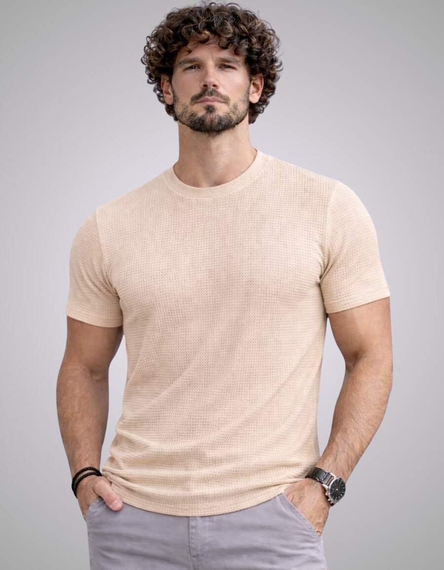 Premium Textured T-Shirt, Men's Casual Textured Knit Shirt - 米色 - 查看 1