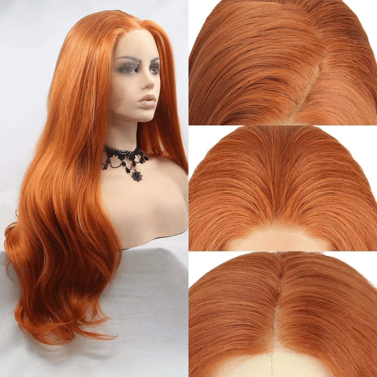 13*4 蕾丝前假发，姜橙色，采用耐热合成纤维制成，长款蓬松波浪卷发，打造自然波浪造型。 - 臟橘色 - 查看 1