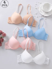 4 Stück Damen Komfort Unterwäsche Kollektion - Luxuriöser Push-Up-BH mit zarten Spitzendetails, hoher Halt und weicher atmungsaktiver Stoff für höchsten Komfort - Verschiedenfarbig - Übersicht 4