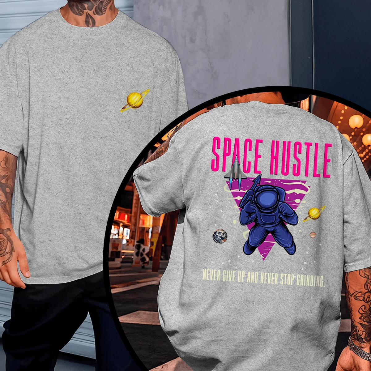 Streetwear T-Shirt, Front And Back, Oversized, Unisex, Never Go! - 灰色 - 查看 1
