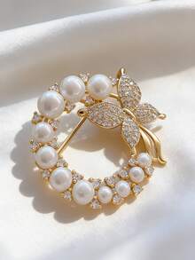 1pc Fashion Pearl & Rhinestone Brooch, Women's Baroque Butterfly Pin, Clothing Accessory, Wedding Gift - Yellow Gold - View 3