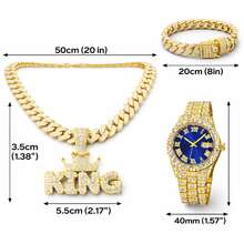 Luxury Iced Out Hip Hop Jewelry Set For Men, KING Pendant Cuban Link Chain Necklace Bracelet & Bling Watch Set, Rapper Style Diamond Look Street Jewelry, T Bling Accessories For Party, Birthday, Anniversary, Valentine's Day Gift For Men - Blue - View 3