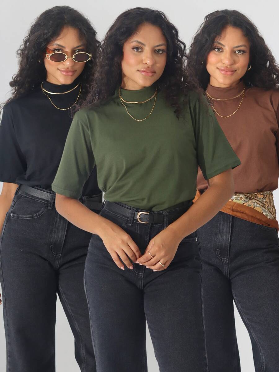Kit 3 Women's T-Shirt Turtleneck Blouse 100% Cotton T-Shirt - 摩卡棕 - 查看 1