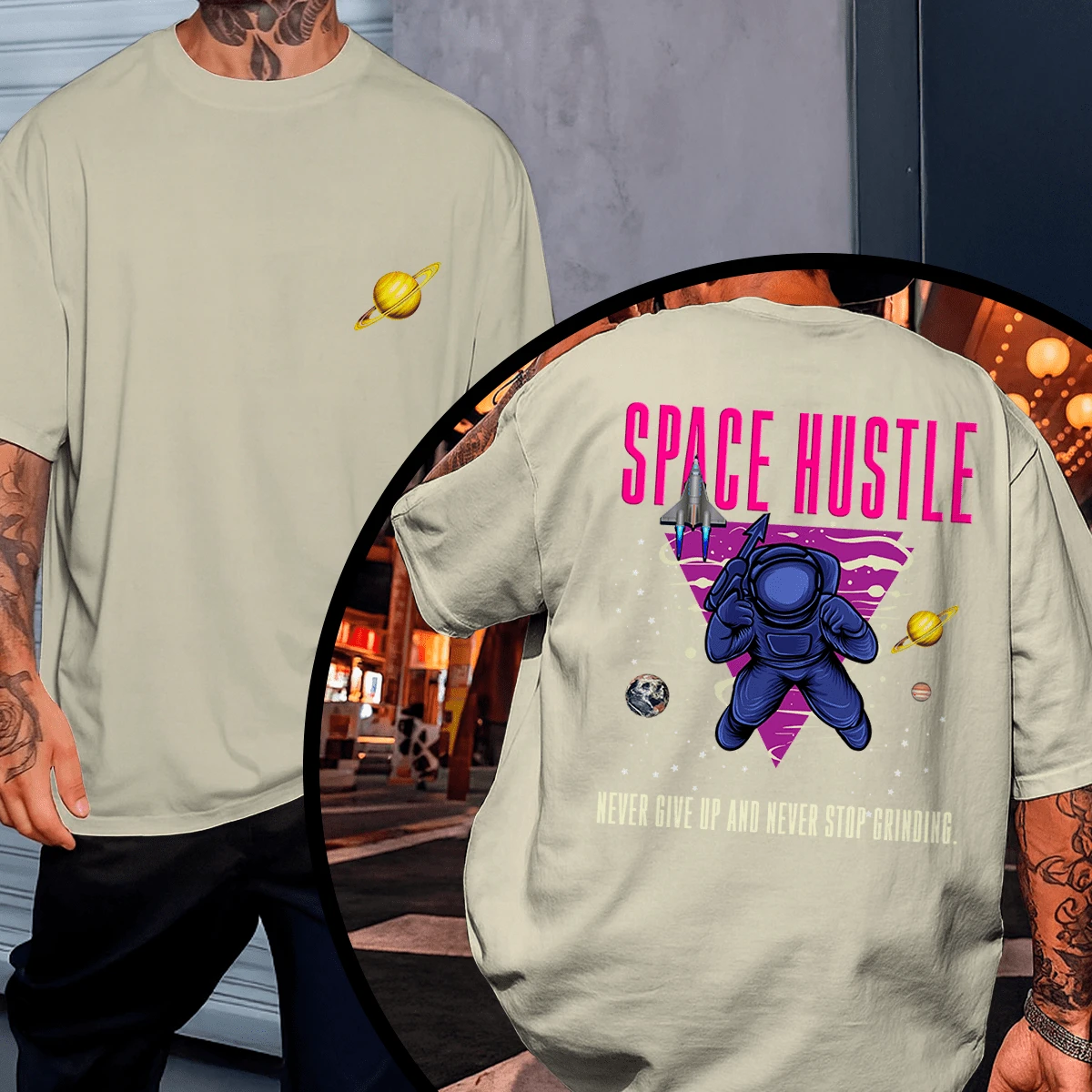 Streetwear T-Shirt, Front And Back, Oversized, Unisex, Never Go! - 奶油色 - 查看 1