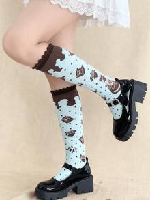 1/3 双新款巧克力曲奇蛋糕甜美洛丽塔荷叶边过膝袜 - 彩色 - 查看 1