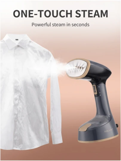  SOKANY SK-3065 手持式蒸汽熨斗，1400W 大功率蒸汽输出，30 秒快速熨烫，大容量水箱，多角度防漏设计，一键折叠，便携易收纳，7 孔喷嘴轻松去除深层褶皱，不锈钢面板，方便旅行和居家使用，快速抚平褶皱，保持衣物整洁优雅。