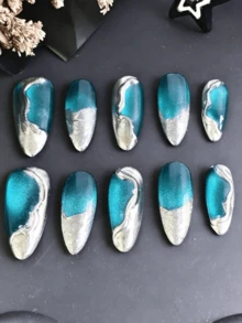 10 Móng Tay Giả Nữ Phong Cách Y2K, Móng Tay Giả Làm Thủ Công Bằng Acrylic Với Kim Tuyến Xanh Ngọc & Xoáy Bạc Kim Loại, Hình Dáng Hạnh Nhân Bóng, Móng Tay Giả Tái Sử Dụng Cho Tiệc Tùng, Hòa Nhạc, Lễ Hội, Sử Dụng Hàng Ngày, Dụng Cụ Làm Móng, Keo Dán Móng - Nhiều màu - Xem 4