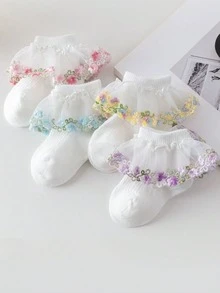 4 双婴儿/女孩透气网眼刺绣藤蔓花卉蕾丝边袜子，可爱法式乡村公主风格，适合春夏季 - 彩色 - 查看 15
