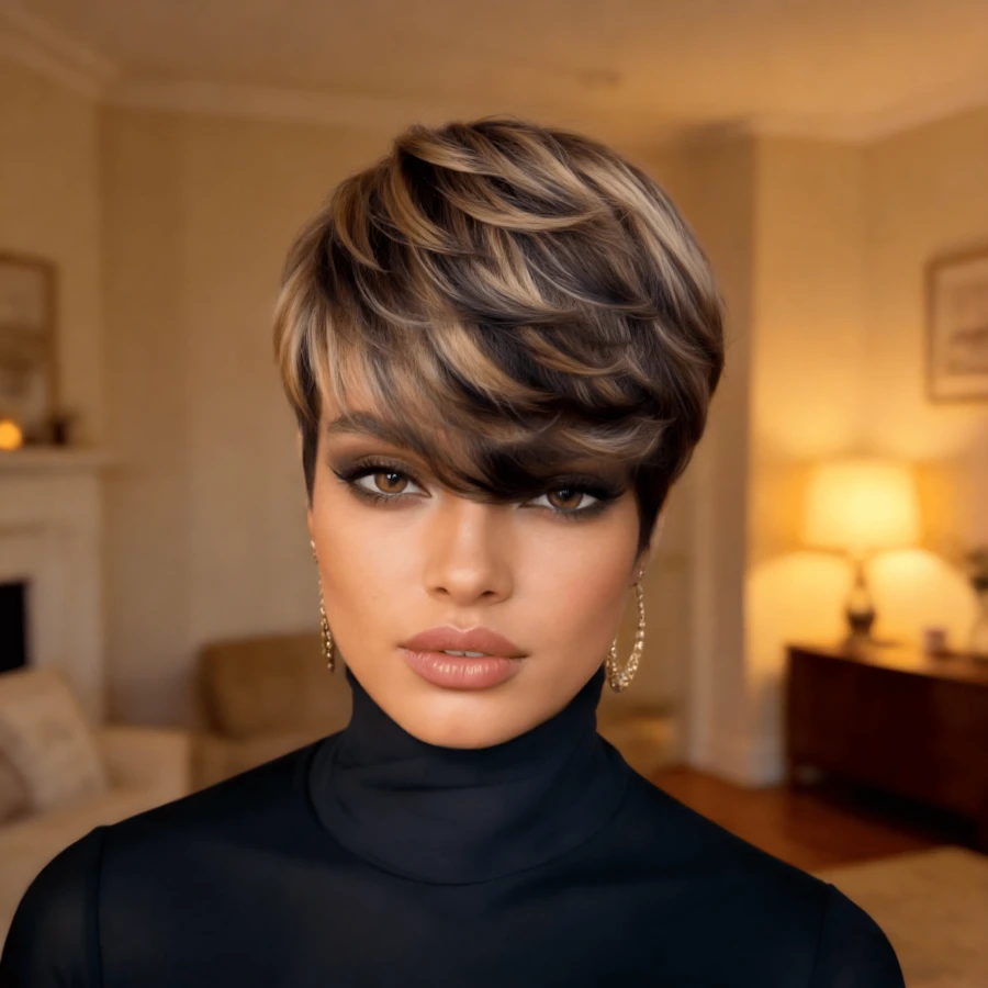 Summer Style Side Part Layered Short Brown Wigs With Gold Red Highlights Realistic Wig Synthetic Easy Install Wigs Whisper Lite Skunk Stripe Hair Edgy Short Pixie Wig Asymmetrical Fringe And Rich Feathery Layers Shades Of Brown Pixie Layered - đen điểm highlight vàng - Xem 1