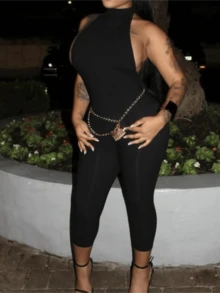 夏季黑色连体裤约会之夜女士装扮露背黑色连体衣外出装束紧身衣狂欢节装扮 - 黑色 - 查看 1