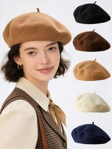1pc Unisex Retro Solid Color Beret Hat, Suitable For Spring And Autumn, French Vintage Wool Felt Hat, Multiple Colors Available, Fashionable Minimalist Artist-Style Hat, Classic Design,Summer,Beach - Multicolor - View 10