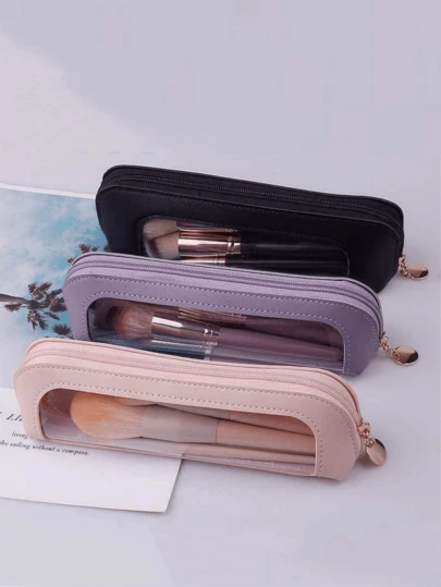 1Pc Transparent Makeup Brush Bag, PVC Leather Small Cosmetic Bag Portable Travel Mini Makeup Bag Transparent Waterproof Zipper Pouch, Suitable For Women Home Travel Office Cosmetics Storage