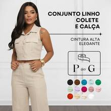 Elegant Women's Linen Vest And High-Waisted Pants Set - Krem - View 2