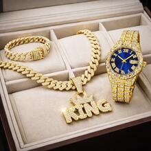 Luxury Iced Out Hip Hop Jewelry Set For Men, KING Pendant Cuban Link Chain Necklace Bracelet & Bling Watch Set, Rapper Style Diamond Look Street Jewelry, T Bling Accessories For Party, Birthday, Anniversary, Valentine's Day Gift For Men - Blue - View 2