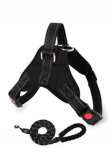 适用于小型、中型和大型犬的狗狗胸背带，反光防拉扯设计，透气材质，带提手 - 黑色 - 查看 15