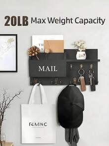 [2-7 Days Must Arrive] Aesthetic Black Wooden Floating Shelf With 6 Hooks, 15" Rustic Entryway Wall Decor For Keys & Mail, Farmhouse Style Letter Sorter For Living Room, Minimalist Wall-Mounted Display Rack For Small Plants & Photos, Chic Apartment Essentials For Home Tidying - 1PC - View 9