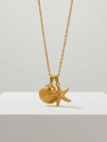 1件简约风格14K镀金可调节长度海星吊坠项链，耐用防水，海洋元素，适合夏季、波西米亚风、冲浪日常佩戴，女士礼物，不锈钢材质，防水防褪色 - 金色 - 查看 10