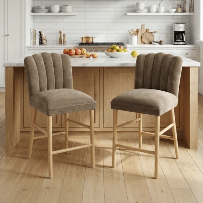  Chairus Bar Stools Set Of 2 Upholstere Counter Stool Wooden Legs Chenille Breakfast Bar Chairs