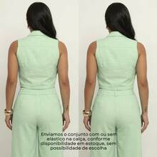 Elegant Women's Linen Vest And High-Waisted Pants Set - Verde Jade - View 9