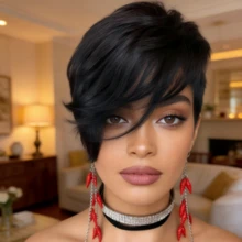 Summer Style Side Part Layered Short Brown Wigs With Gold Red Highlights Realistic Wig Synthetic Easy Install Wigs Whisper Lite Skunk Stripe Hair Edgy Short Pixie Wig Asymmetrical Fringe And Rich Feathery Layers Shades Of Brown Pixie Layered - 黑色 - 查看 1