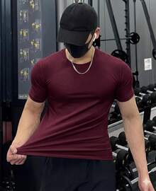 Men's Plain Short Sleeve T-Shirt With Elastane Visco Lycra Mesh - Acai - 查看 1