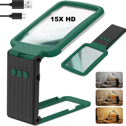 15X Real Glass Handheld Magnifying Glass With Light, 24 LED Foldable Magnifier With Stand & Scale Base, 3 Color Modes Dimmable, Large Page Magnifier For Reading, Seniors, Low Vision, Crafts