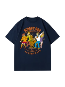 Whysmera SHEIN X SCOOBY-DOO 女士宽松落肩圆领短袖T恤，复古美式经典卡通冒险队趣味印花上衣，深海军蓝显瘦塑形，柔软亲肤透气，休闲百搭，适合日常通勤，完美搭配Y2K街头风、美式复古风、校园穿搭、音乐节、动漫展和周末旅行，基础款T恤 - 藏蓝色 - 查看 2