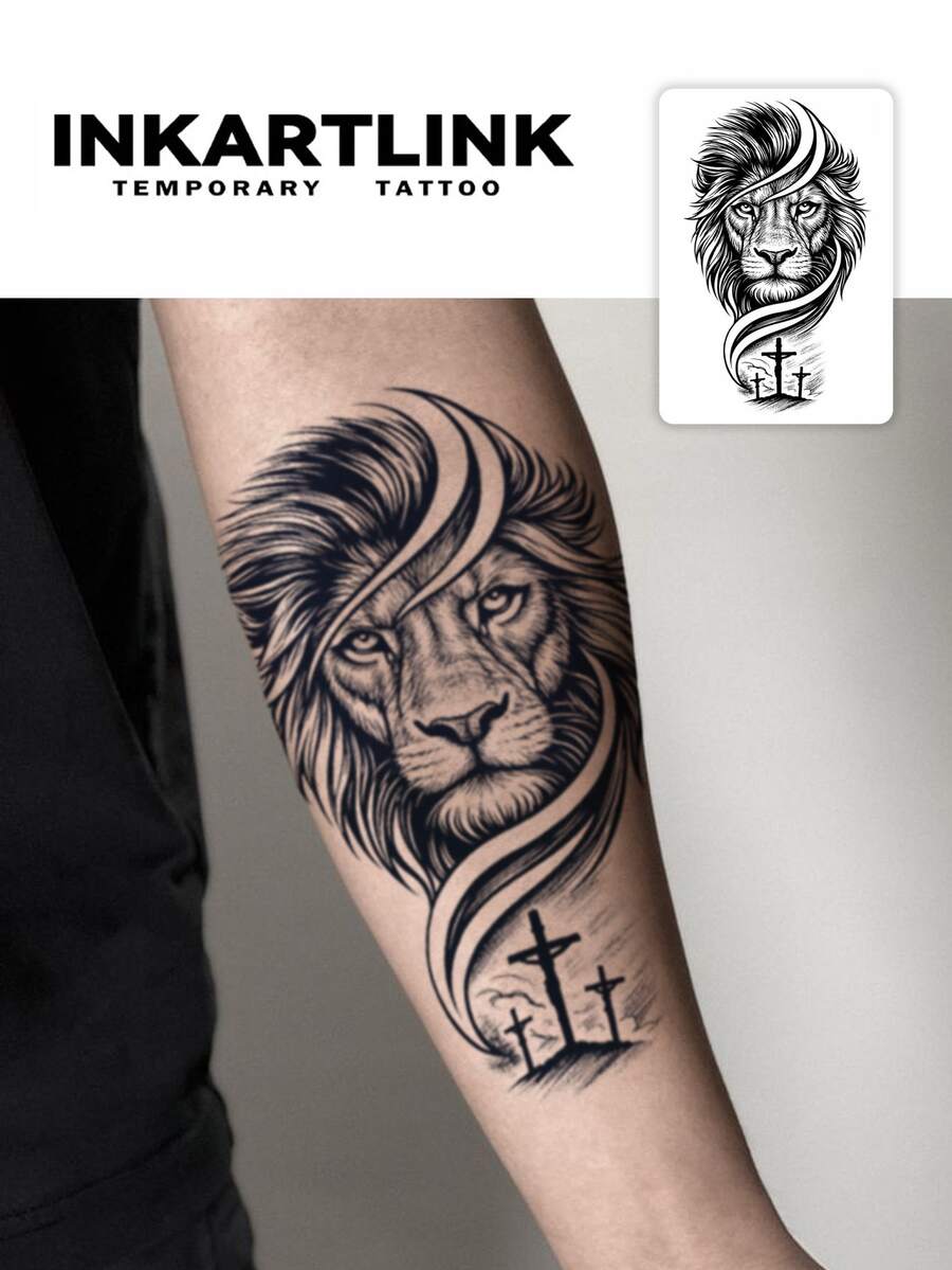 2 piezas Tatuajes temporales de cruz y león de INKARTLINK, tatuajes de arte corporal resistentes al agua, duran de 1 a 2 semanas, adecuados tanto para hombres como para mujeres, imprescindibles para personas y fiestas - Negro - Ver 1