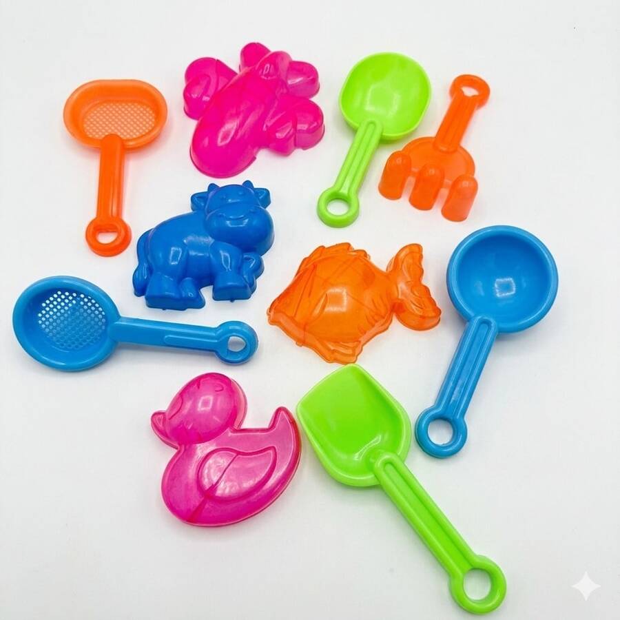Set de juguetes de playa para niños 10 piezas, kit de arena con moldes, palas y accesorios coloridos para exterior - Multicolor - Ver 1