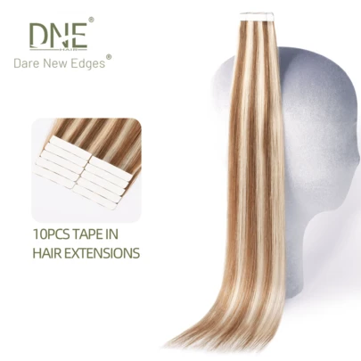 DNE HAIR 10片装胶带式接发片，100%真人发，#P6/613，浅棕色挑染漂白金，直发造型，长度14-22英寸，丝滑无痕，隐形效果极佳，发尾浓密，健康真人发，适合发量稀少、沙龙级使用以及所有女性/女孩日常佩戴。