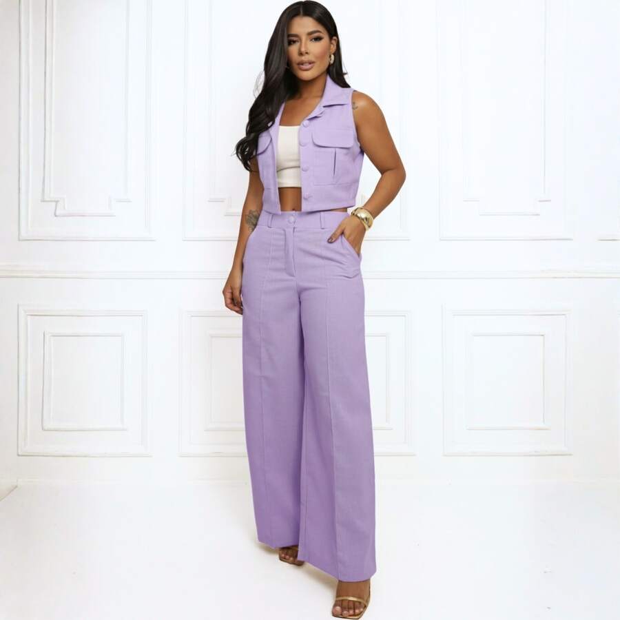 Elegant Women's Linen Vest And High-Waisted Pants Set - Lilac Purple - View 1