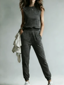 Women's Casual 2-Piece Set, Minimalist Solid Color Sleeveless Top + Drawstring Pants, Lightweight Sporty Fashion Outfit For Daily Wear, Spring/Summer - Dark Grey - View 2