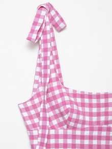 Seelio 夏季新款女士蝴蝶结装饰迷你格子印花连衣裙，优雅粉色 - 粉色 - 查看 10