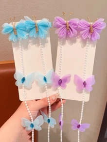 2pcs Butterfly Braided Hair Chain Hair Clips, Princess Style Tassel Chain Hair Accessories - Multicolor - View 2