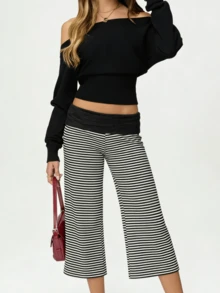 Women's Fold Over Waist Capri Fashionable Casual Solid Color Low Rise Wide Leg Crop Pants - 黑與白 - 查看 4
