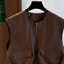 Áo vest siêu ngắn không tay dành cho nữ, màu trơn tươi mát mùa thu, vạt áo phồng, cổ tròn có khóa kéo, thời trang và đa năng, ôm sát cơ thể mùa hè. - Cà phê nâu - Xem 9