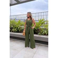 Women's Roman Jumpsuit, Wide Leg, Tie Detail, Elegant, Chic, Simple - 軍綠色 - 查看 7