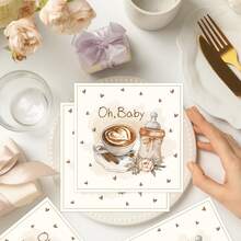 20/40/60pcs Coffee And Flower Theme Napkins, Latte Art And Bottle Pattern Paper Napkins, New Life Celebration Party Supplies, Table Decorations For Gender Reveal Party And Afternoon Tea - ABaby Is Brewing - View 3