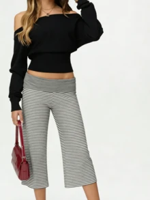 Women's Fold Over Waist Capri Fashionable Casual Solid Color Low Rise Wide Leg Crop Pants - 淺灰色 - 查看 4