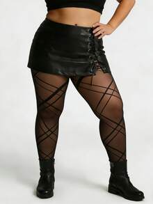 女士系带格纹条纹紧身裤 - 束腰后背格纹设计，弹力十足，时尚前卫，适合音乐节、街头风和约会之夜穿着。 - 黑色 - 查看 3