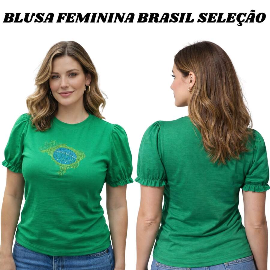Women's Brazil Green T-Shirt With Shiny Rhinestones And A Stylish Map Of Brazil Print - 巴西綠色地圖上的水鑽 - 查看 1